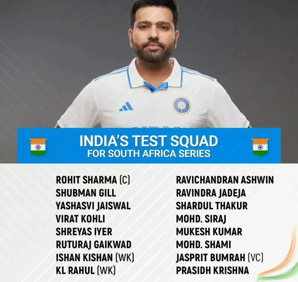 Indian test team for SA